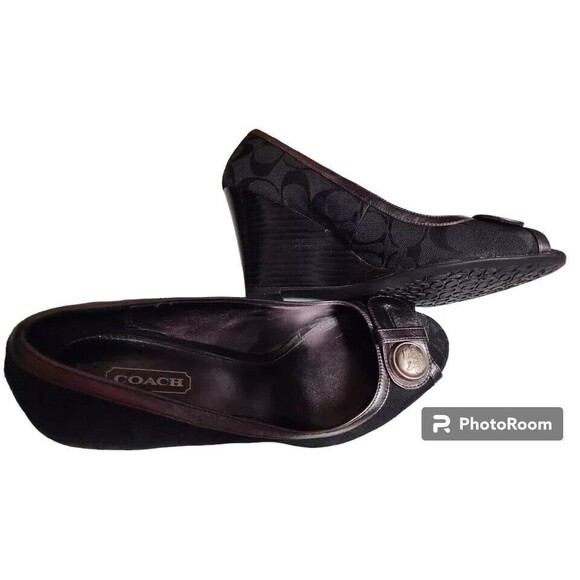 COACH Black Wedges Size 8B Designer Peep Toe Leather Trim - Picture 1 of 8